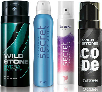 

Wild Stone Hydra Energy Deodorant (150 ml), Code Platinum Body Perfume(120 ml) and ST Play Deodorant (150 ml), Te Amo Pearl Body Perfume (120 ml), Pack of 4 Perfume Body Spray - For Men & Women(540 ml, Pack of 4)