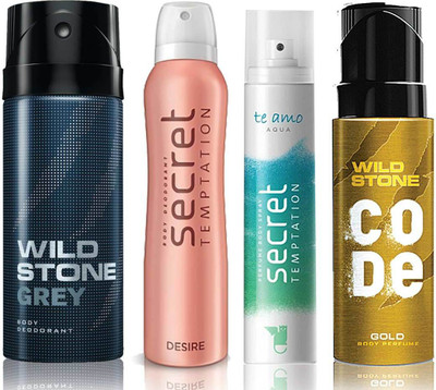 

Wild Stone Grey Deodorant (150 ml), Code Gold Body Perfume(120 ml) and ST Desire Deodorant (150 ml), Te Amo Aqua Body Perfume (120 ml), Pack of 4 Perfume Body Spray - For Men & Women(540 ml, Pack of 4)