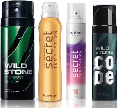 

Wild Stone Forest Spice Deodorant (150 ml), Code Steel Body Perfume(120 ml) and ST Mystery Deodorant (150 ml), Te Amo Pearl Body Perfume (120 ml), Pack of 4 Perfume Body Spray - For Men & Women(540 ml, Pack of 4)