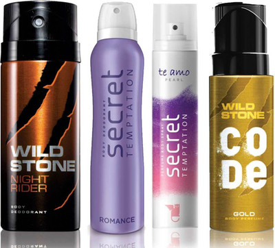 

Wild Stone Night Rider Deodorant (150 ml), Code Gold Body Perfume(120 ml) and ST Romance Deodorant (150 ml), Te Amo Pearl Body Perfume (120 ml), Pack of 4 Perfume Body Spray - For Men & Women(540 ml, Pack of 4)