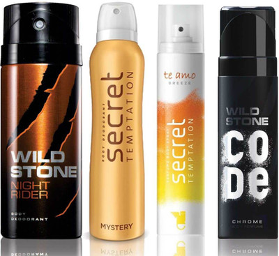 

Wild Stone Night Rider Deodorant (150 ml), Code Chrome Body Perfume(120 ml) and ST Mystery Deodorant (150 ml), Te Amo Breeze Body Perfume (120 ml), Pack of 4 Perfume Body Spray - For Men & Women(540 ml, Pack of 4)