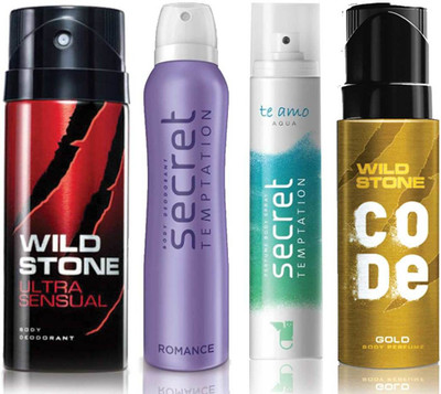 

Wild Stone Ultra Sensual Deodorant (150 ml), Code Gold Body Perfume(120 ml) and ST Romance Deodorant (150 ml), Te Amo Aqua Body Perfume (120 ml), Pack of 4 Perfume Body Spray - For Men & Women(540 ml, Pack of 4)