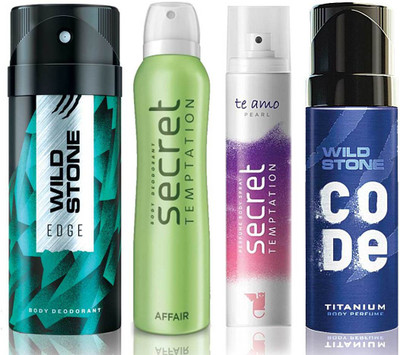 

Wild Stone Edge Deodorant (150 ml), Code Titanium Body Perfume(120 ml) and ST Affair Deodorant (150 ml), Te Amo Pearl Body Perfume (120 ml), Pack of 4 Perfume Body Spray - For Men & Women(540 ml, Pack of 4)