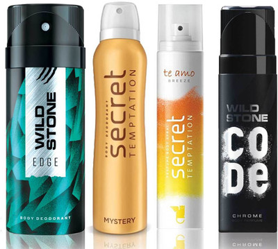

Wild Stone Edge Deodorant (150 ml), Code Chrome Body Perfume(120 ml) and ST Mystery Deodorant (150 ml), Te Amo Breeze Body Perfume (120 ml), Pack of 4 Perfume Body Spray - For Men & Women(540 ml, Pack of 4)