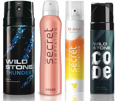 

Wild Stone Thunder Deodorant (150 ml), Code Steel Body Perfume(120 ml) and ST Desire Deodorant (150 ml), Te Amo Breeze Body Perfume (120 ml), Pack of 4 Perfume Body Spray - For Men & Women(540 ml, Pack of 4)