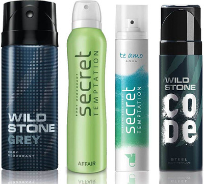 

Wild Stone Grey Deodorant (150 ml), Code Steel Body Perfume(120 ml) and ST Affair Deodorant (150 ml), Te Amo Aqua Body Perfume (120 ml), Pack of 4 Perfume Body Spray - For Men & Women(540 ml, Pack of 4)