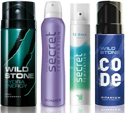 

Wild Stone Hydra Energy Deodorant (150 ml), Code Titanium Body Perfume(120 ml) and ST Romance Deodorant (150 ml), Te Amo Aqua Body Perfume (120 ml), Pack of 4 Perfume Body Spray - For Men & Women(540 ml, Pack of 4)