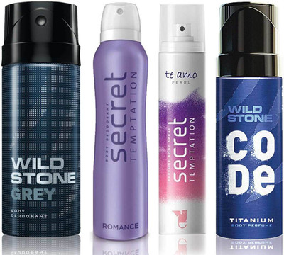 

Wild Stone Grey Deodorant (150 ml), Code Titanium Body Perfume(120 ml) and ST Romance Deodorant (150 ml), Te Amo Pearl Body Perfume (120 ml), Pack of 4 Perfume Body Spray - For Men & Women(540 ml, Pack of 4)