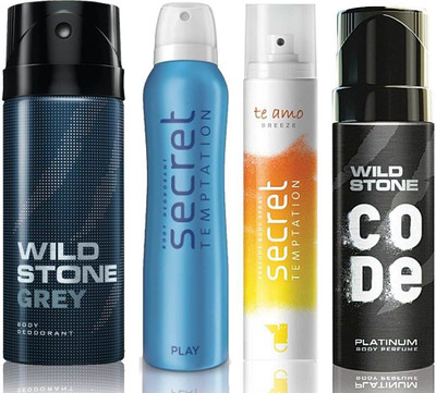 

Wild Stone Grey Deodorant (150 ml), Code Platinum Body Perfume(120 ml) and ST Play Deodorant (150 ml), Te Amo Breeze Body Perfume (120 ml), Pack of 4 Perfume Body Spray - For Men & Women(540 ml, Pack of 4)