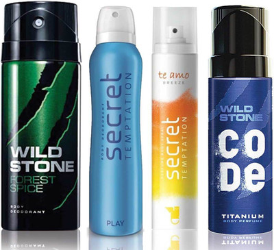 

Wild Stone Forest Spice Deodorant (150 ml), Code Titanium Body Perfume(120 ml) and ST Play Deodorant (150 ml), Te Amo Breeze Body Perfume (120 ml), Pack of 4 Perfume Body Spray - For Men & Women(540 ml, Pack of 4)