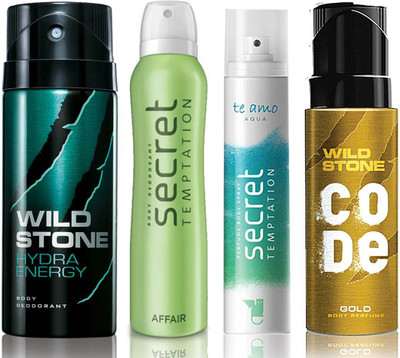 

Wild Stone Hydra Energy Deodorant (150 ml), Code Gold Body Perfume(120 ml) and ST Affair Deodorant (150 ml), Te Amo Aqua Body Perfume (120 ml), Pack of 4 Perfume Body Spray - For Men & Women(540 ml, Pack of 4)