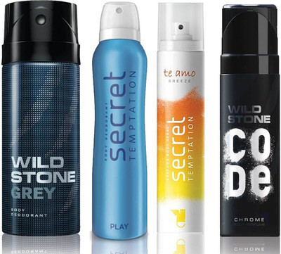 

Wild Stone Grey Deodorant (150 ml), Code Chrome Body Perfume(120 ml) and ST Play Deodorant (150 ml), Te Amo Breeze Body Perfume (120 ml), Pack of 4 Perfume Body Spray - For Men & Women(540 ml, Pack of 4)