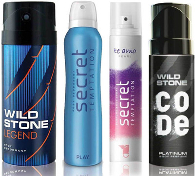 

Wild Stone Legend Deodorant (150 ml), Code Platinum Body Perfume(120 ml) and ST Play Deodorant (150 ml), Te Amo Pearl Body Perfume (120 ml), Pack of 4 Perfume Body Spray - For Men & Women(540 ml, Pack of 4)