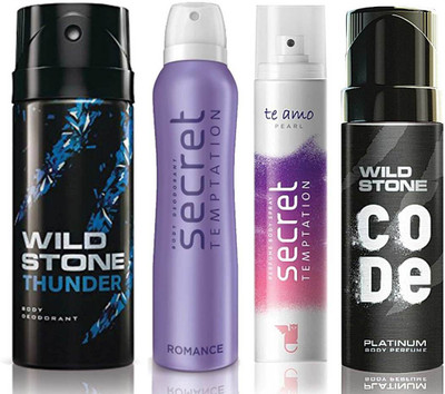 

Wild Stone Thunder Deodorant (150 ml), Code Platinum Body Perfume(120 ml) and ST Romance Deodorant (150 ml), Te Amo Pearl Body Perfume (120 ml), Pack of 4 Perfume Body Spray - For Men & Women(540 ml, Pack of 4)