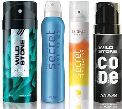 

Wild Stone Edge Deodorant (150 ml), Code Platinum Body Perfume(120 ml) and ST Play Deodorant (150 ml), Te Amo Breeze Body Perfume (120 ml), Pack of 4 Perfume Body Spray - For Men & Women(540 ml, Pack of 4)