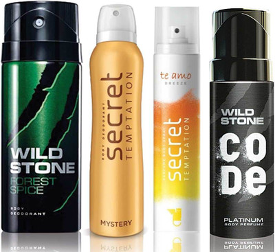 

Wild Stone Forest Spice Deodorant (150 ml), Code Platinum Body Perfume(120 ml) and ST Mystery Deodorant (150 ml), Te Amo Breeze Body Perfume (120 ml), Pack of 4 Perfume Body Spray - For Men & Women(540 ml, Pack of 4)