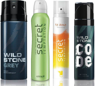 

Wild Stone Grey Deodorant (150 ml), Code Steel Body Perfume(120 ml) and ST Affair Deodorant (150 ml), Te Amo Breeze Body Perfume (120 ml), Pack of 4 Perfume Body Spray - For Men & Women(540 ml, Pack of 4)