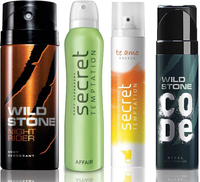 

Wild Stone Night Rider Deodorant (150 ml), Code Steel Body Perfume(120 ml) and ST Affair Deodorant (150 ml), Te Amo Breeze Body Perfume (120 ml), Pack of 4 Perfume Body Spray - For Men & Women(540 ml, Pack of 4)
