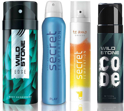 

Wild Stone Edge Deodorant (150 ml), Code Steel Body Perfume(120 ml) and ST Play Deodorant (150 ml), Te Amo Breeze Body Perfume (120 ml), Pack of 4 Perfume Body Spray - For Men & Women(540 ml, Pack of 4)