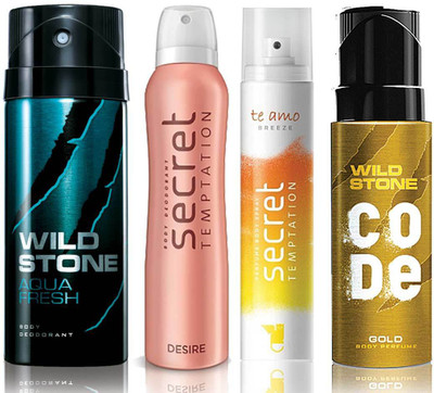 

Wild Stone Aqua Fresh Deodorant (150 ml), Code Gold Body Perfume(120 ml) and ST Desire Deodorant (150 ml), Te Amo Breeze Body Perfume (120 ml), Pack of 4 Perfume Body Spray - For Men & Women(540 ml, Pack of 4)