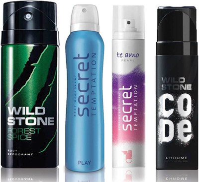 

Wild Stone Forest Spice Deodorant (150 ml), Code Chrome Body Perfume(120 ml) and ST Play Deodorant (150 ml), Te Amo Pearl Body Perfume (120 ml), Pack of 4 Perfume Body Spray - For Men & Women(540 ml, Pack of 4)