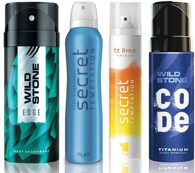 

Wild Stone Edge Deodorant (150 ml), Code Titanium Body Perfume(120 ml) and ST Play Deodorant (150 ml), Te Amo Breeze Body Perfume (120 ml), Pack of 4 Perfume Body Spray - For Men & Women(540 ml, Pack of 4)