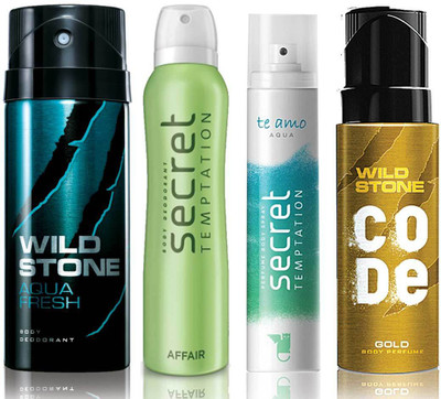 

Wild Stone Aqua Fresh Deodorant (150 ml), Code Gold Body Perfume(120 ml) and ST Affair Deodorant (150 ml), Te Amo Aqua Body Perfume (120 ml), Pack of 4 Perfume Body Spray - For Men & Women(540 ml, Pack of 4)