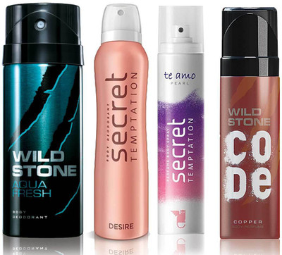 

Wild Stone Aqua Fresh Deodorant (150 ml), Code Copper Perfume(120 ml) and ST Desire Deodorant (150 ml), Te Amo Pearl Body Perfume (120 ml), Pack of 4 Perfume Body Spray - For Men & Women(540 ml, Pack of 4)