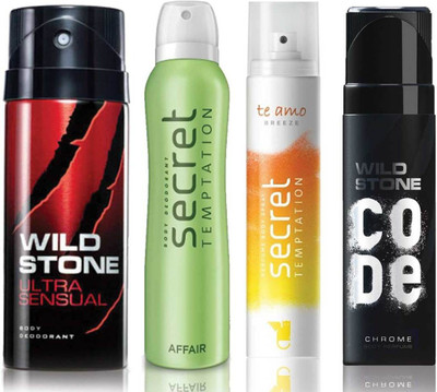 

Wild Stone Ultra Sensual Deodorant (150 ml), Code Chrome Body Perfume(120 ml) and ST Affair Deodorant (150 ml), Te Amo Breeze Body Perfume (120 ml), Pack of 4 Perfume Body Spray - For Men & Women(540 ml, Pack of 4)