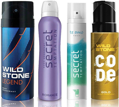 

Wild Stone Legend Deodorant (150 ml), Code Gold Body Perfume(120 ml) and ST Romance Deodorant (150 ml), Te Amo Aqua Body Perfume (120 ml), Pack of 4 Perfume Body Spray - For Men & Women(540 ml, Pack of 4)