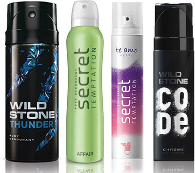 

Wild Stone Thunder Deodorant (150 ml), Code Chrome Body Perfume(120 ml) and ST Affair Deodorant (150 ml), Te Amo Pearl Body Perfume (120 ml), Pack of 4 Perfume Body Spray - For Men & Women(540 ml, Pack of 4)