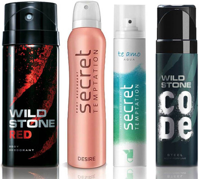 

Wild Stone Red Deodorant (150 ml), Code Steel Body Perfume(120 ml) and ST Desire Deodorant (150 ml), Te Amo Aqua Body Perfume (120 ml), Pack of 4 Perfume Body Spray - For Men & Women(540 ml, Pack of 4)