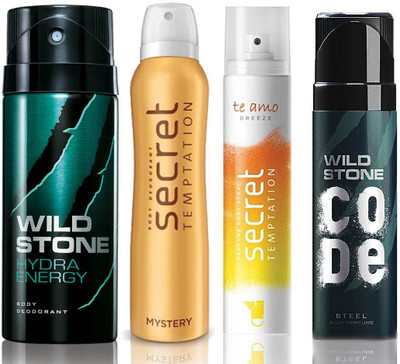 

Wild Stone Hydra Energy Deodorant (150 ml), Code Steel Body Perfume(120 ml) and ST Mystery Deodorant (150 ml), Te Amo Breeze Body Perfume (120 ml), Pack of 4 Perfume Body Spray - For Men & Women(540 ml, Pack of 4)