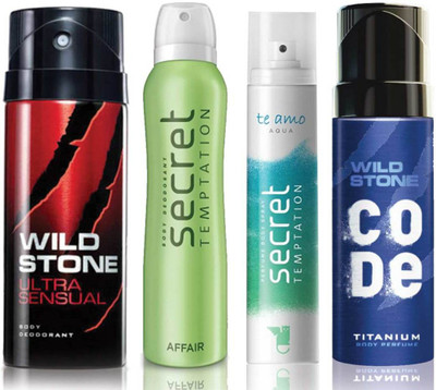 

Wild Stone Ultra Sensual Deodorant (150 ml), Code Titanium Body Perfume(120 ml) and ST Affair Deodorant (150 ml), Te Amo Aqua Body Perfume (120 ml), Pack of 4 Perfume Body Spray - For Men & Women(540 ml, Pack of 4)