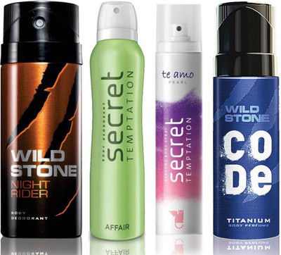 

Wild Stone Night Rider Deodorant (150 ml), Code Titanium Body Perfume(120 ml) and ST Affair Deodorant (150 ml), Te Amo Pearl Body Perfume (120 ml), Pack of 4 Perfume Body Spray - For Men & Women(540 ml, Pack of 4)