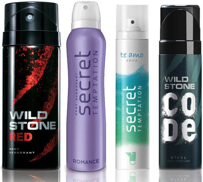

Wild Stone Red Deodorant (150 ml), Code Steel Body Perfume(120 ml) and ST Romance Deodorant (150 ml), Te Amo Aqua Body Perfume (120 ml), Pack of 4 Perfume Body Spray - For Men & Women(540 ml, Pack of 4)
