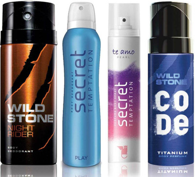 

Wild Stone Night Rider Deodorant (150 ml), Code Titanium Body Perfume(120 ml) and ST Play Deodorant (150 ml), Te Amo Pearl Body Perfume (120 ml), Pack of 4 Perfume Body Spray - For Men & Women(540 ml, Pack of 4)