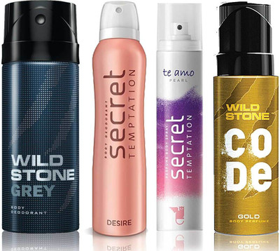 

Wild Stone Grey Deodorant (150 ml), Code Gold Body Perfume(120 ml) and ST Desire Deodorant (150 ml), Te Amo Pearl Body Perfume (120 ml), Pack of 4 Perfume Body Spray - For Men & Women(540 ml, Pack of 4)