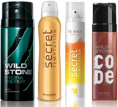 

Wild Stone Hydra Energy Deodorant (150 ml), Code Copper Perfume(120 ml) and ST Mystery Deodorant (150 ml), Te Amo Breeze Body Perfume (120 ml), Pack of 4 Perfume Body Spray - For Men & Women(540 ml, Pack of 4)