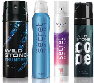

Wild Stone Thunder Deodorant (150 ml), Code Steel Body Perfume(120 ml) and ST Play Deodorant (150 ml), Te Amo Pearl Body Perfume (120 ml), Pack of 4 Perfume Body Spray - For Men & Women(540 ml, Pack of 4)