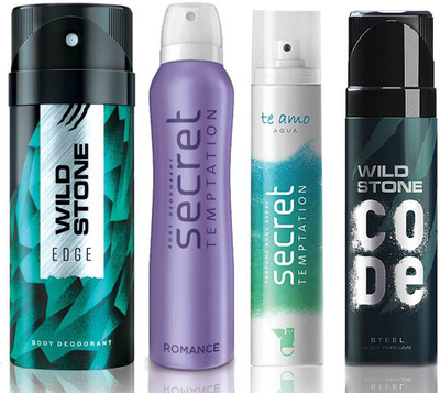 

Wild Stone Edge Deodorant (150 ml), Code Steel Body Perfume(120 ml) and ST Romance Deodorant (150 ml), Te Amo Aqua Body Perfume (120 ml), Pack of 4 Perfume Body Spray - For Men & Women(540 ml, Pack of 4)
