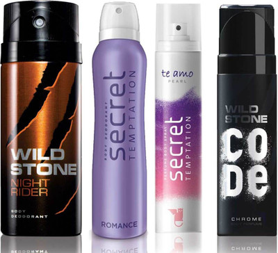 

Wild Stone Night Rider Deodorant (150 ml), Code Chrome Body Perfume(120 ml) and ST Romance Deodorant (150 ml), Te Amo Pearl Body Perfume (120 ml), Pack of 4 Perfume Body Spray - For Men & Women(540 ml, Pack of 4)