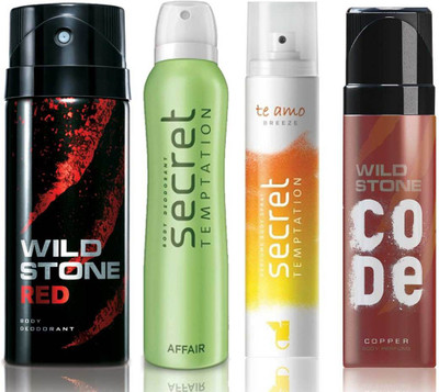 

Wild Stone Red Deodorant (150 ml), Code Copper Perfume(120 ml) and ST Affair Deodorant (150 ml), Te Amo Breeze Body Perfume (120 ml), Pack of 4 Perfume Body Spray - For Men & Women(540 ml, Pack of 4)