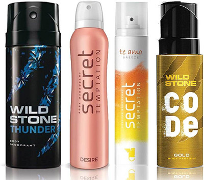 

Wild Stone Thunder Deodorant (150 ml), Code Gold Body Perfume(120 ml) and ST Desire Deodorant (150 ml), Te Amo Breeze Body Perfume (120 ml), Pack of 4 Perfume Body Spray - For Men & Women(540 ml, Pack of 4)