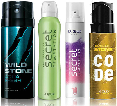 

Wild Stone Aqua Fresh Deodorant (150 ml), Code Gold Body Perfume(120 ml) and ST Affair Deodorant (150 ml), Te Amo Pearl Body Perfume (120 ml), Pack of 4 Perfume Body Spray - For Men & Women(540 ml, Pack of 4)