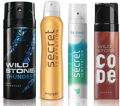 

Wild Stone Thunder Deodorant (150 ml), Code Copper Perfume(120 ml) and ST Mystery Deodorant (150 ml), Te Amo Aqua Body Perfume (120 ml), Pack of 4 Perfume Body Spray - For Men & Women(540 ml, Pack of 4)
