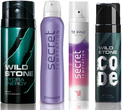 

Wild Stone Hydra Energy Deodorant (150 ml), Code Steel Body Perfume(120 ml) and ST Romance Deodorant (150 ml), Te Amo Pearl Body Perfume (120 ml), Pack of 4 Perfume Body Spray - For Men & Women(540 ml, Pack of 4)