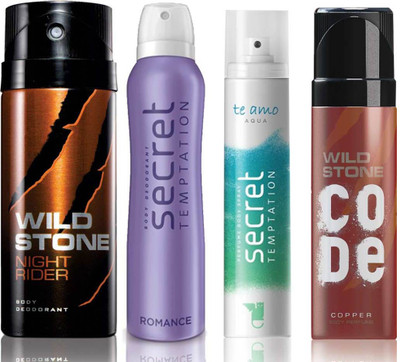 

Wild Stone Night Rider Deodorant (150 ml), Code Copper Perfume(120 ml) and ST Romance Deodorant (150 ml), Te Amo Aqua Body Perfume (120 ml), Pack of 4 Perfume Body Spray - For Men & Women(540 ml, Pack of 4)