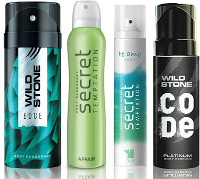 

Wild Stone Edge Deodorant (150 ml), Code Platinum Body Perfume(120 ml) and ST Affair Deodorant (150 ml), Te Amo Aqua Body Perfume (120 ml), Pack of 4 Perfume Body Spray - For Men & Women(540 ml, Pack of 4)