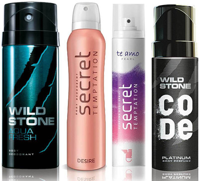 

Wild Stone Aqua Fresh Deodorant (150 ml), Code Platinum Body Perfume(120 ml) and ST Desire Deodorant (150 ml), Te Amo Pearl Body Perfume (120 ml), Pack of 4 Perfume Body Spray - For Men & Women(540 ml, Pack of 4)